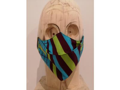 artisanaal mondmasker pistache turquoiseblauw bruin streepjes en hokjes