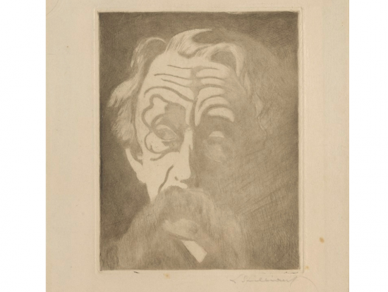 treffen we aan in onze collectie van Mu.ZEE: Léon Spilliaert, Portret van Emile Verhaeren, 1908, drogenaald, 17,4 x 13,5 cm, collectie Mu.ZEE, aangekocht door Stad Oostende in 1954.